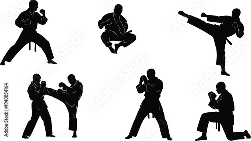 Collection of karate martial arts silhouettes with fighters performing kicks, punches, sparring combat and jumping attack poses for sports training design