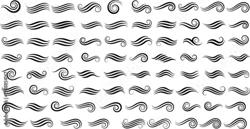 Decorative Swirl and Wave Vector Set with Abstract Black Spiral Flourishes and Elegant Curvy Lines for Graphic Design and Backgrounds