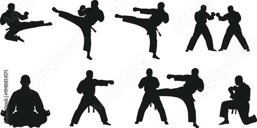Collection of karate martial arts silhouettes with fighters performing kicks, punches, sparring combat and meditation pose for sports training design