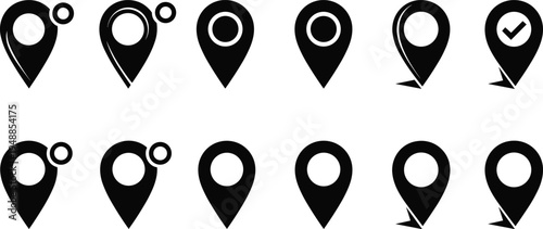 Location Pin Icon Vector Set with Black Map Pointer Symbols and Navigation Markers for Website Interface Design and Travel Applications
