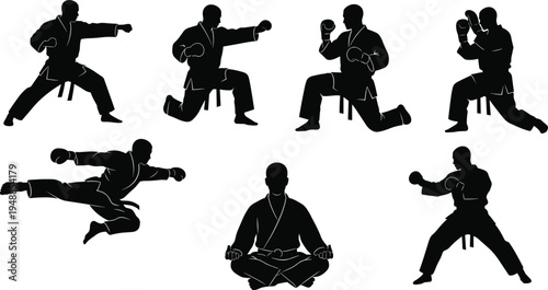 Collection of karate martial arts silhouettes with fighters performing punches, kicks, jumping attack and meditation pose for sports training design