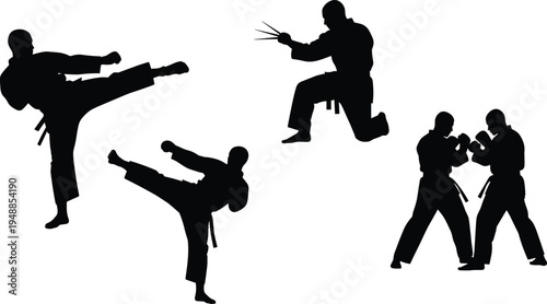 Collection of martial arts silhouettes featuring karate fighters performing high kicks, sparring combat and action poses isolated for sports training design