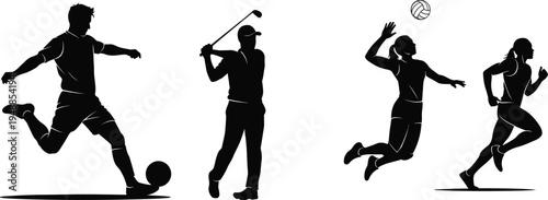Collection of sports athlete silhouettes including soccer kick, golf swing, volleyball jump and running player action poses