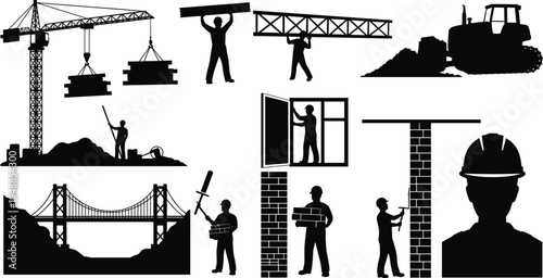 Construction worker silhouettes collection with tower crane lifting materials, builders carrying beams, bulldozer, bridge structure, window installer and masonry work 