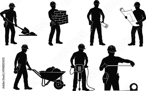 Construction worker silhouettes set with shovel bricks blueprint wheelbarrow jackhammer and measuring tape representing building industry labor isolated on white background