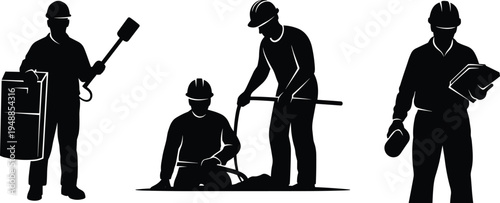 Construction worker silhouettes with welding equipment digging tool and engineer holding safety helmet and blueprint representing industrial labor and building site work