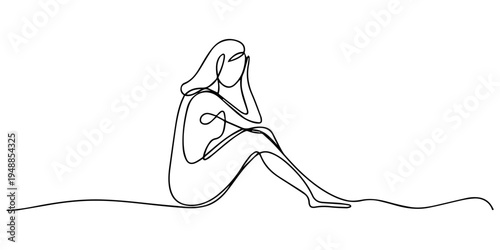 One continuous single drawing line art flat doodle woman, person, floor, sitting, beautiful, young, naked woman sitting continuous one line drawing, hand drawn young beauty woman sitting back side one