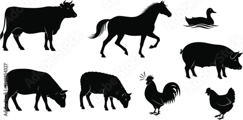 Farm animal silhouette collection including cow horse pig sheep duck rooster chicken livestock set isolated on white background