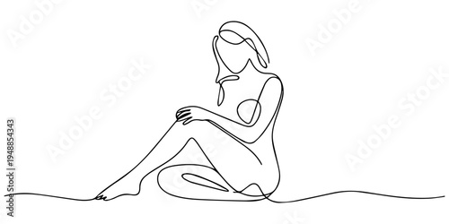 One continuous single drawing line art flat doodle woman, person, floor, sitting, beautiful, young, naked woman sitting continuous one line drawing, hand drawn young beauty woman sitting back side one