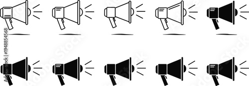 Megaphone Icon Vector Set with Black and White Line Art Bullhorn Symbols for Marketing Promotion Communication Announcement and Advertising Design