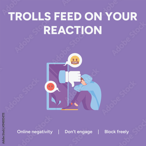 Vector graphic illustration showing the concept that online trolls feed on negative reactions while depicting a sad person affected by digital harassment and dislike icons