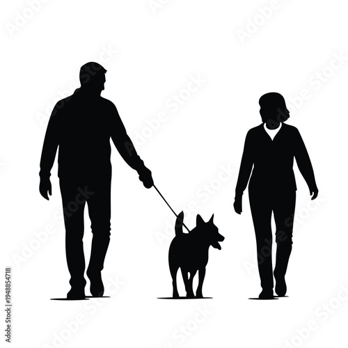 Man and woman walking dog, pet ownership, black silhouette illustration