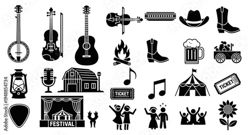 Musical Festival Icon Set: A collection of black and white icons representing the essence of a lively music festival, capturing the spirit of music, culture, and celebration.
