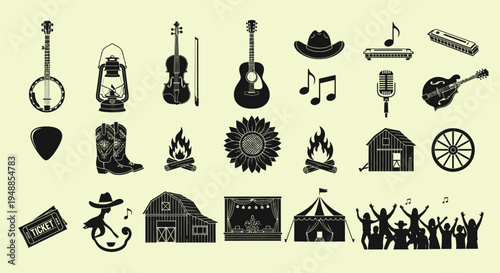 A Rustic Harmony: A collection of musical instruments, cowboy accessories, and rural motifs.