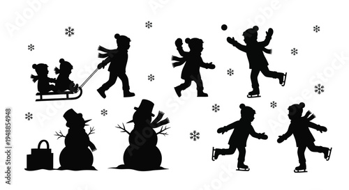 Winter activities with children and a snowman a dark silhouette