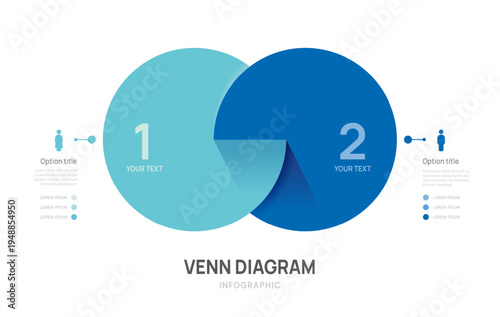 Venn diagram business infographic circle chart template 2 options, presentation with icons elements vector illustration.