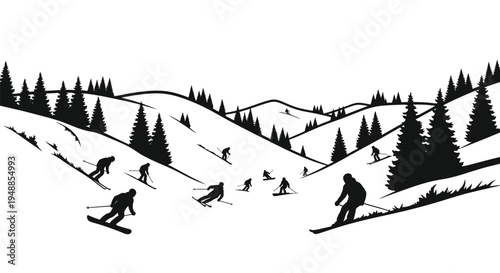 Skiers descending snowy mountains in a dramatic black silhouette