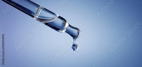 The pipette releasing a single crystal clear droplet on soft blue background