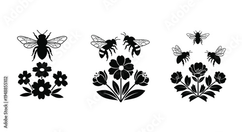 Floral arrangements featuring bees in a striking black silhouette