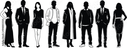 Vector illustration set of professional business people silhouettes wearing formal suits and stylish fashion clothing standing together isolated on white background for corporate design.