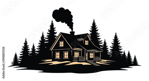 Cozy cabin nestled among trees with striking black silhouette