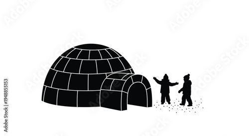 Arctic scene depicting an igloo and two people a striking silhouette