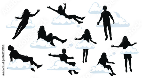 People appearing to fall or float amongst fluffy white clouds silhouette