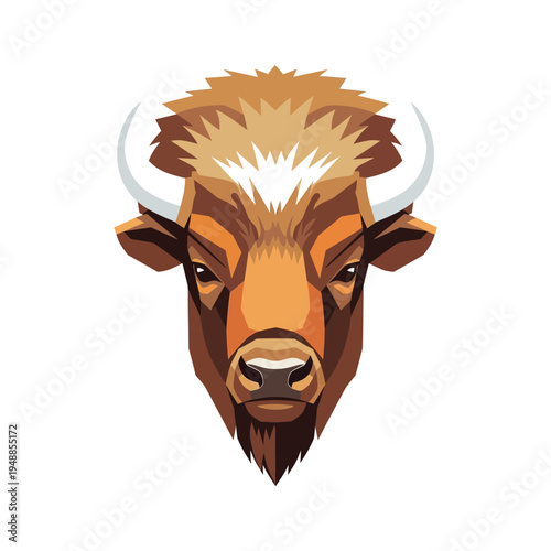 Vector of a bison's head with large horns and a shaggy fur texture