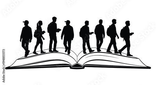People walking from an open book a symbolic representation silhouette