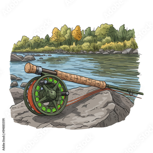 Fly fishing rod and reel on a rocky river bank with forest background in hand drawn vintage style