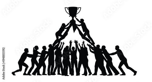 Teamwork and victory a group lifting a trophy black silhouette