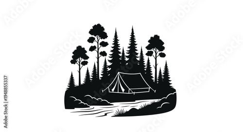 Camping scene with a tent by a river dark silhouette