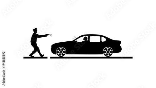 a police officer shoots at a car, black isolated silhouette