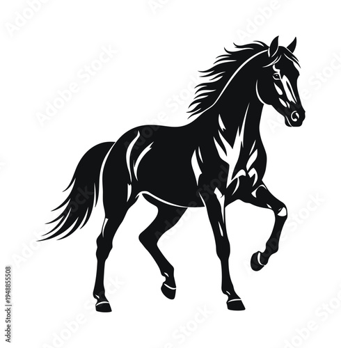 This vector features a black silhouette of a galloping horse in motion with mane and tail