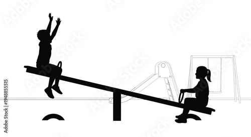 Children playing on a seesaw in a stark black silhouette