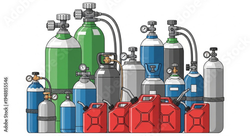 Diverse Collection of Gas Cylinders and Fuel Cans Illustration.