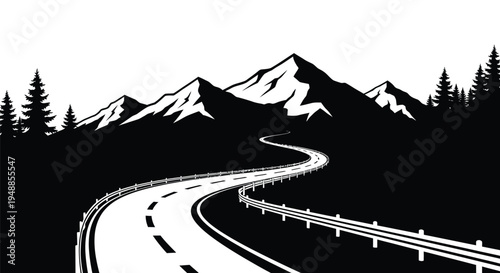 Winding road through mountains with trees a striking silhouette