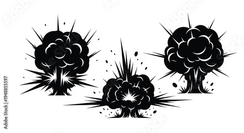 Three black explosion bursts depicted in a striking silhouette