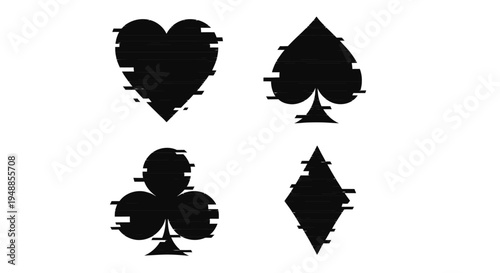 Four playing card suits displayed as a glitchy distorted silhouette