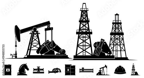 Silhouette of Oil Rigs and Equipment for Petroleum Industry.