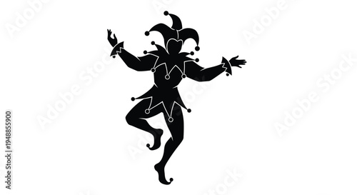 A dynamic black silhouette of a joyful jester in mid performance silhouette