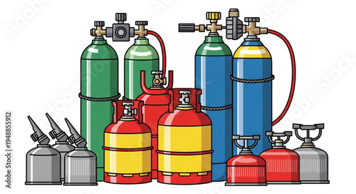 Diverse Collection of Industrial Gas Cylinders and Small Metal Containers.