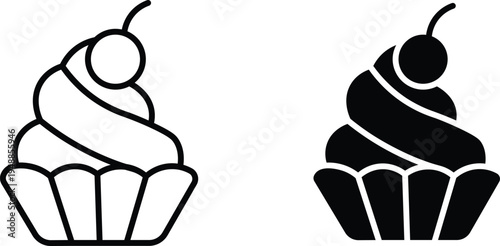 Two simple vector icons of a cupcake with frosting and a cherry on top, one outlined and one solid black.