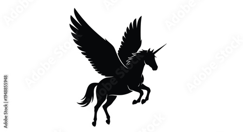 Majestic winged unicorn prances dynamically in a dark silhouette