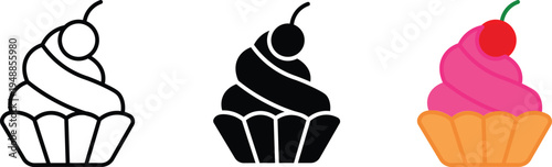 Three variations of a cupcake icon, including an outline, a solid black silhouette, and a colorful illustration with pink frosting and a cherry.