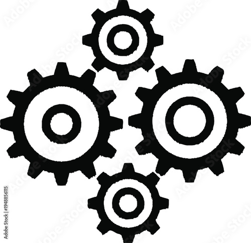 Four interlocking black gears arranged in a close geometric pattern