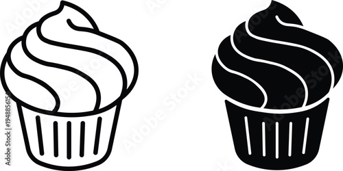 Black and white outline and solid silhouette icons of a delicious cupcake with swirled frosting, perfect for bakery designs.