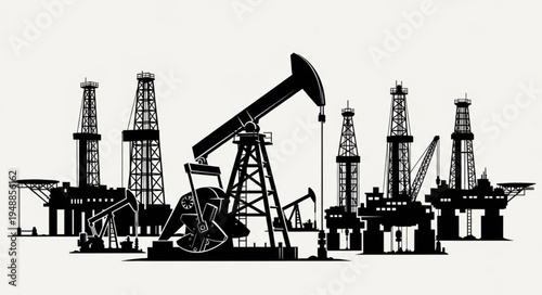 Silhouette of Oil Rigs and Pumpjacks - Energy Production Landscape.