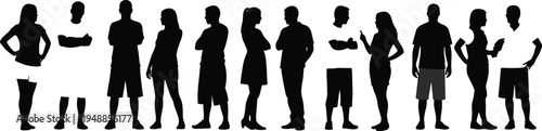 Large group of casual people silhouettes vector set with diverse men and women standing in summer outfits for community and social design projects.