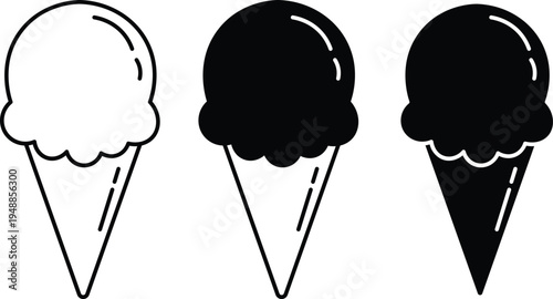 Three minimalist ice cream cone icons, showing outline, filled scoop, and fully filled versions.
